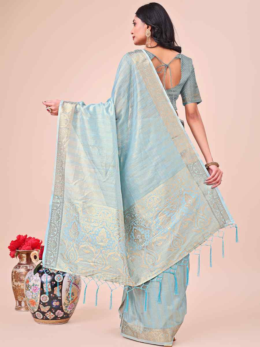 Sky Blue Organza Handwoven Festival Wedding Fancy Heavy Border Saree