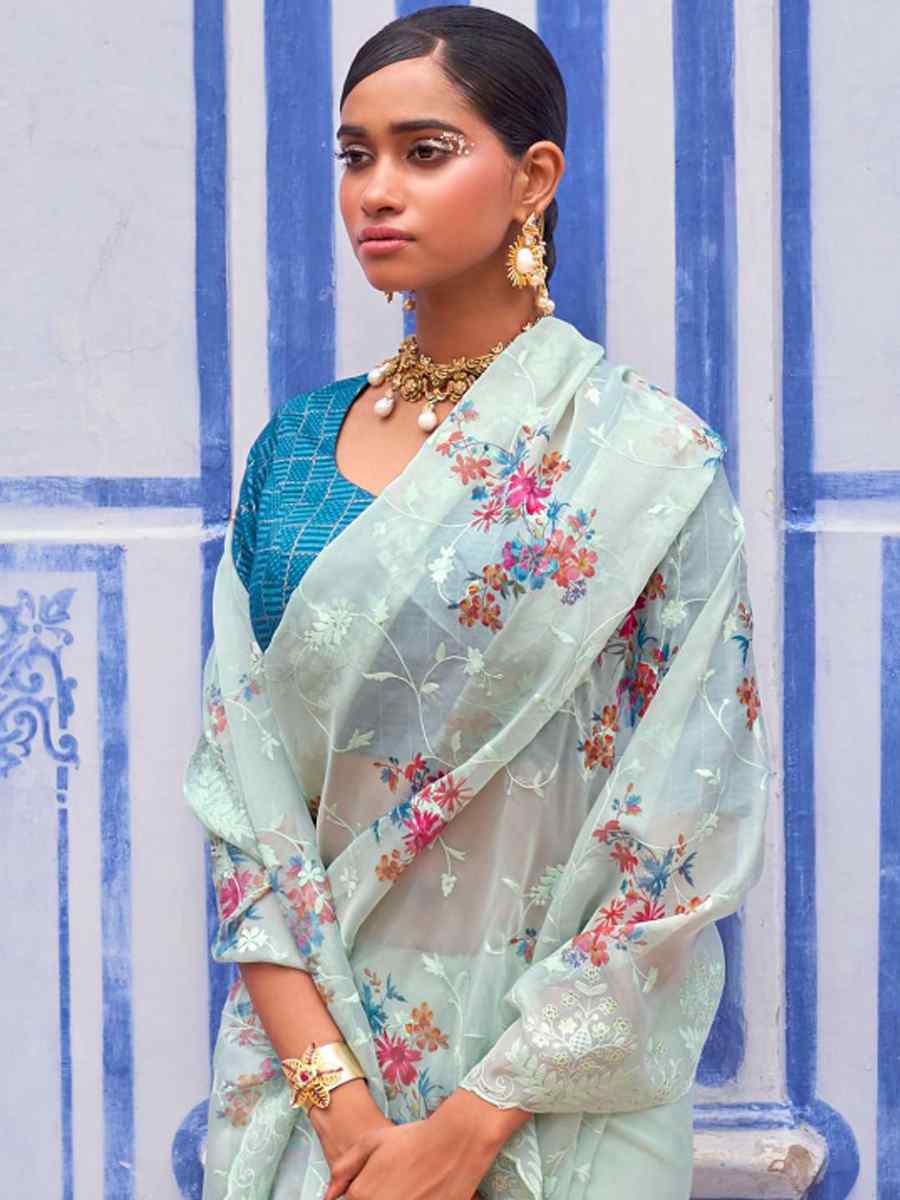 Sky Blue Organza Printed Casual Festival Contemporary Saree