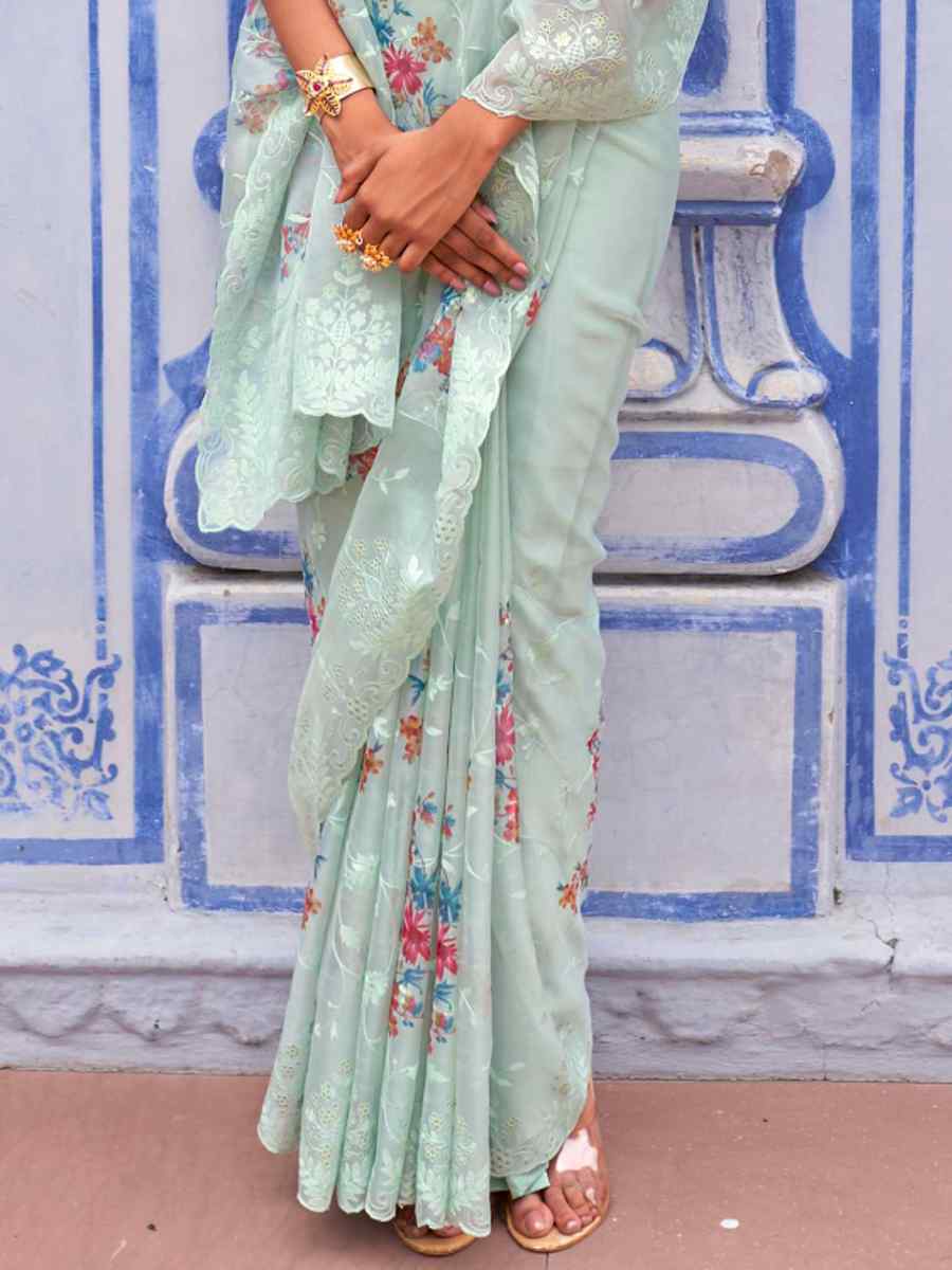 Sky Blue Organza Printed Casual Festival Contemporary Saree