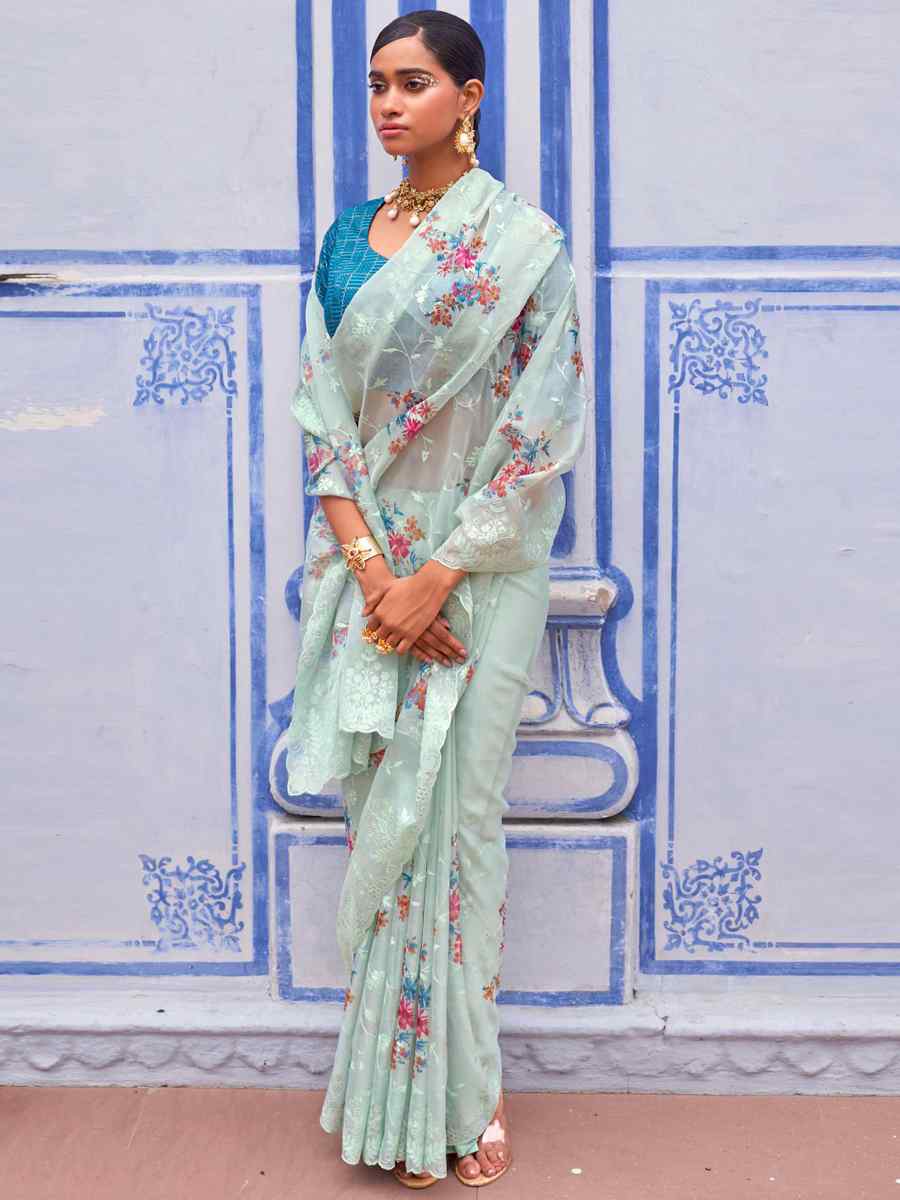 Sky Blue Organza Printed Casual Festival Contemporary Saree