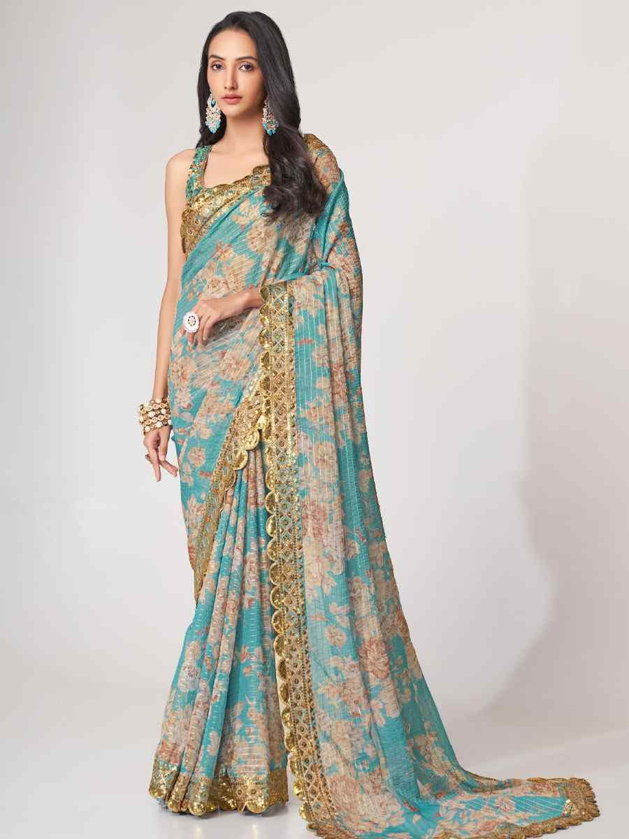 Sky Blue Organza Printed Embroidery Festival Wedding Fancy Heavy Border Saree