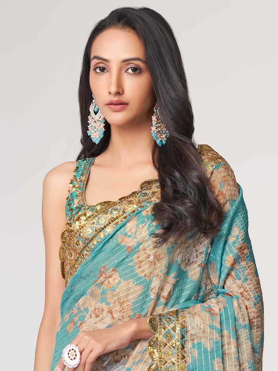 Sky Blue Organza Printed Embroidery Festival Wedding Fancy Heavy Border Saree