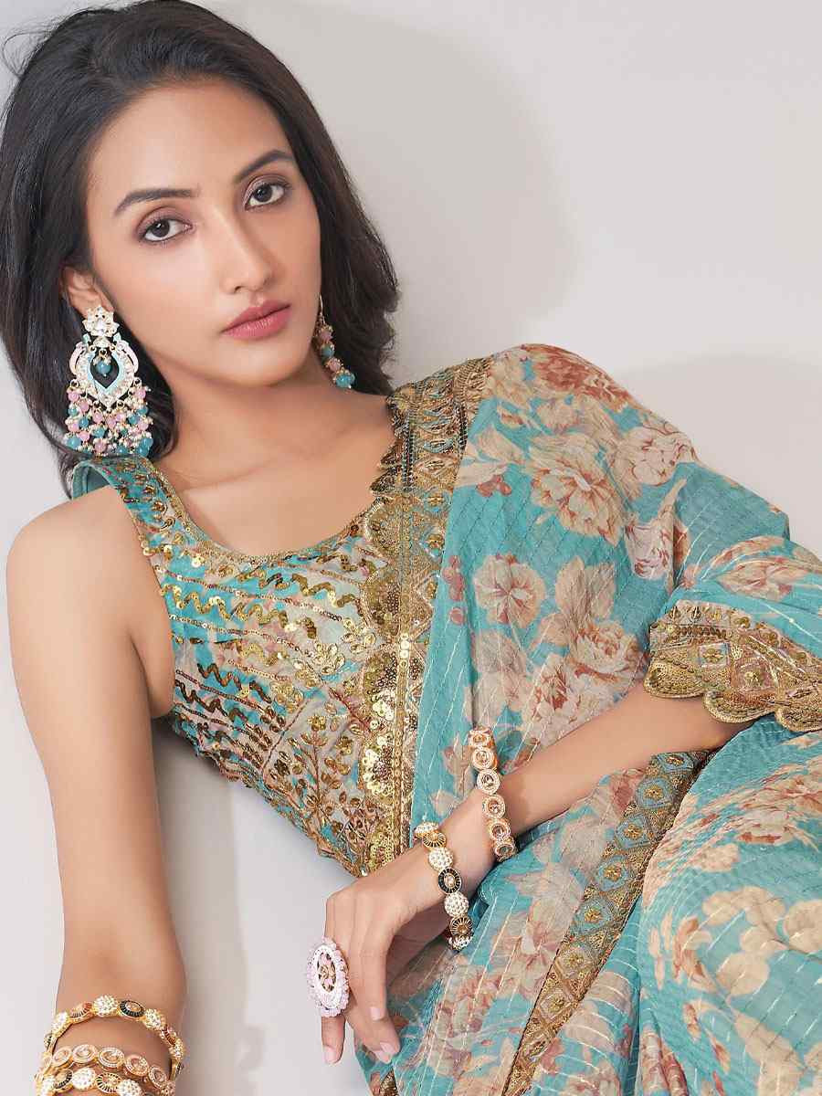 Sky Blue Organza Printed Embroidery Festival Wedding Fancy Heavy Border Saree