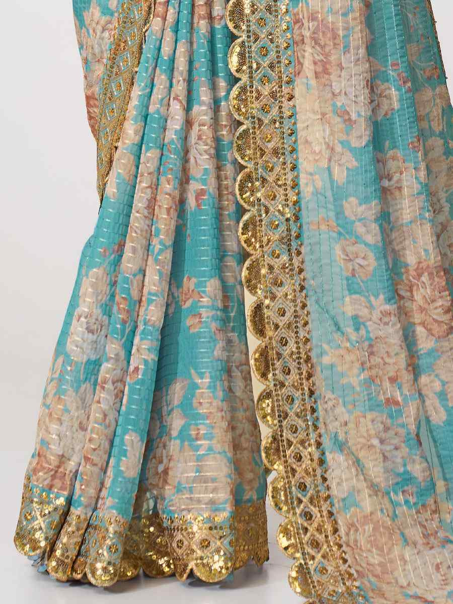 Sky Blue Organza Printed Embroidery Festival Wedding Fancy Heavy Border Saree