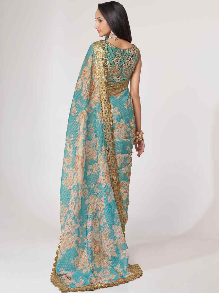 Sky Blue Organza Printed Embroidery Festival Wedding Fancy Heavy Border Saree
