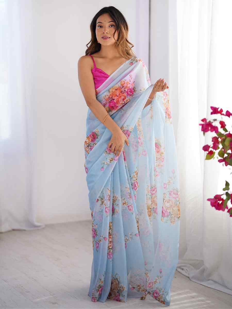 Sky Blue Organza Printed Festival Wedding Fancy Heavy Border Saree