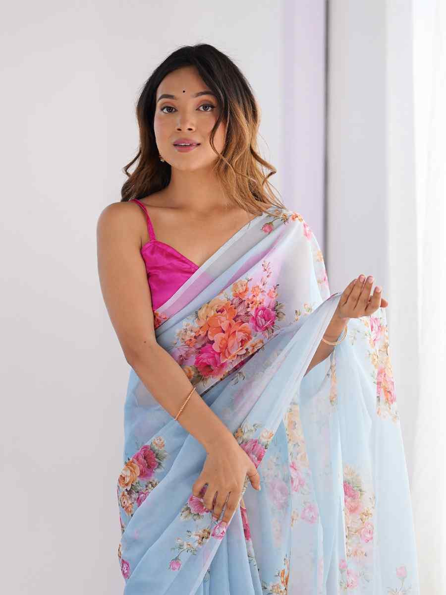 Sky Blue Organza Printed Festival Wedding Fancy Heavy Border Saree