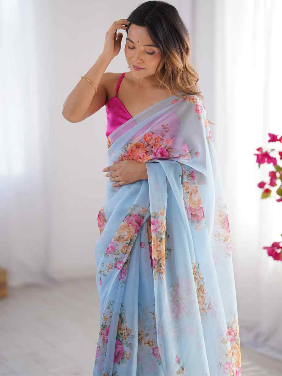 Sky Blue Organza Printed Festival Wedding Fancy Heavy Border Saree