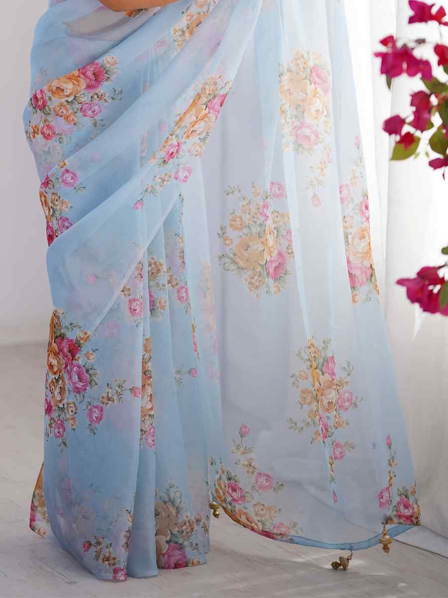 Sky Blue Organza Printed Festival Wedding Fancy Heavy Border Saree