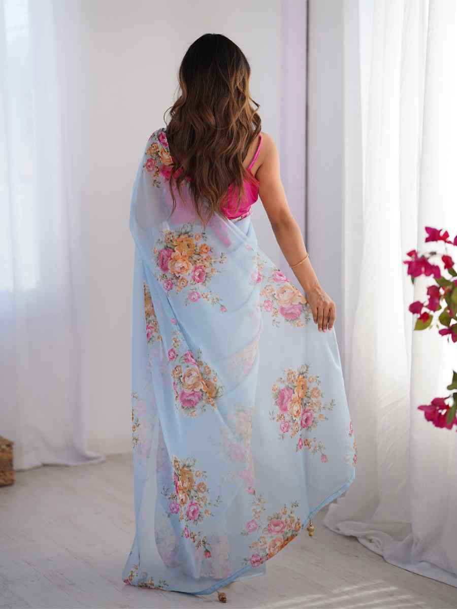Sky Blue Organza Printed Festival Wedding Fancy Heavy Border Saree