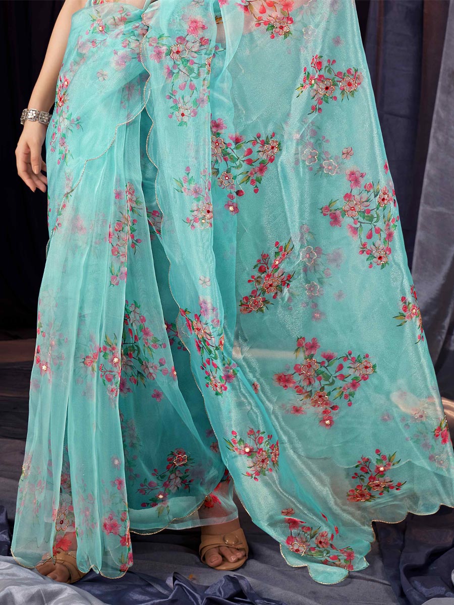 Sky Blue Organza Printed Party Festival Classic Style Saree