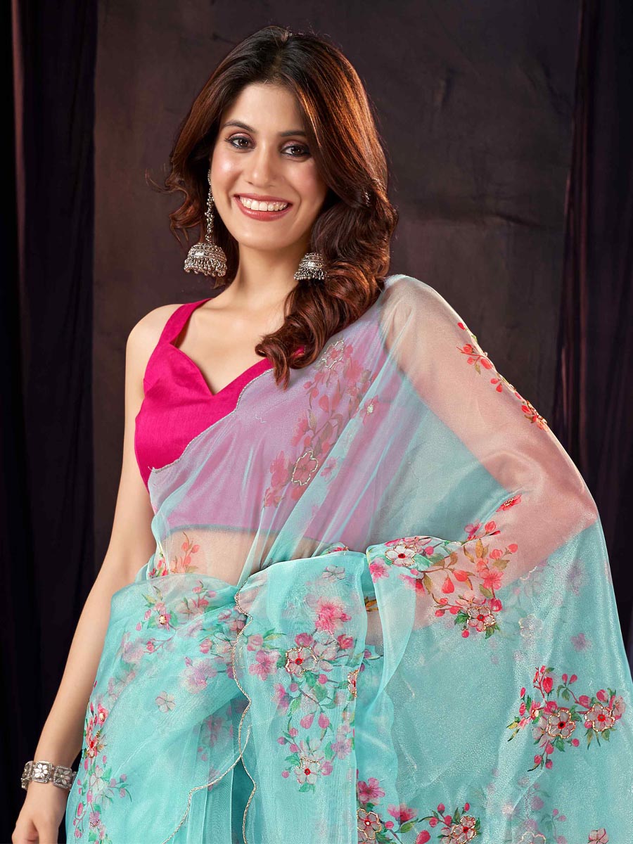Sky Blue Organza Printed Party Festival Classic Style Saree