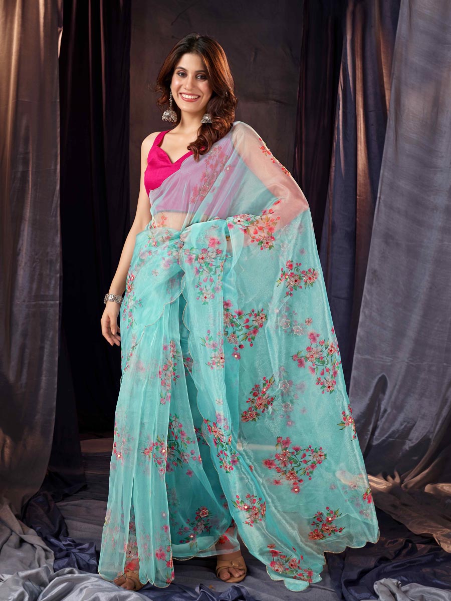 Sky Blue Organza Printed Party Festival Classic Style Saree