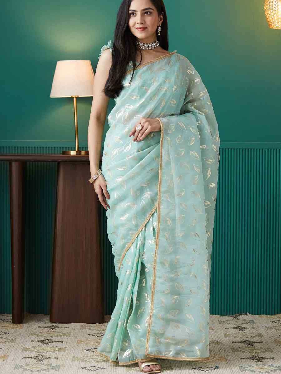 Sky Blue Organza Printed Party Reception Festival Wedding Fancy Classic Style Sarees