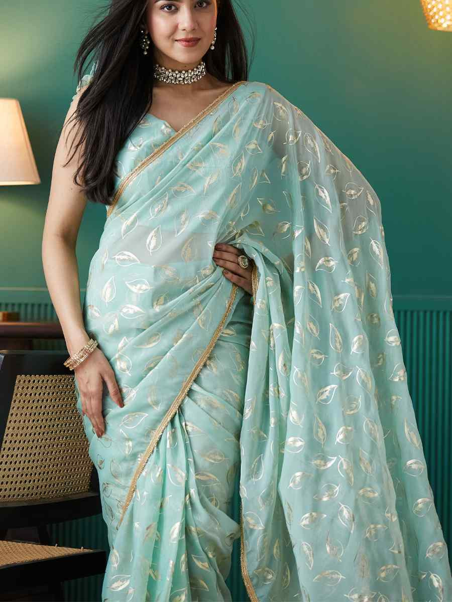 Sky Blue Organza Printed Party Reception Festival Wedding Fancy Classic Style Sarees