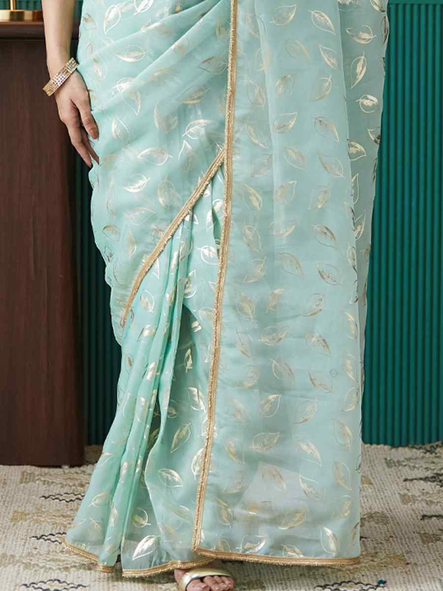 Sky Blue Organza Printed Party Reception Festival Wedding Fancy Classic Style Sarees