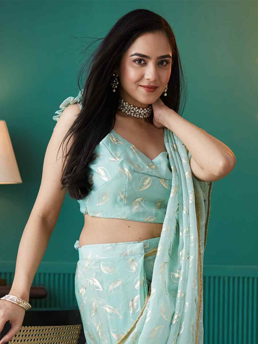 Sky Blue Organza Printed Party Reception Festival Wedding Fancy Classic Style Sarees