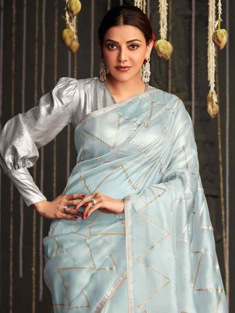Sky Blue Organza Tissue Handwoven Party Festival Classic Style Saree