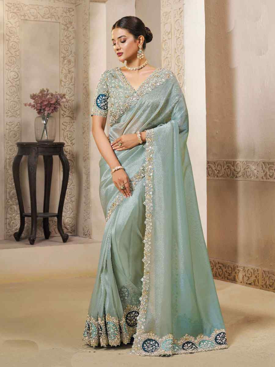 Sky Blue Organza Tissue Silk Natural Satin Silk Embroidery Festival Wedding Fancy Heavy Border Saree