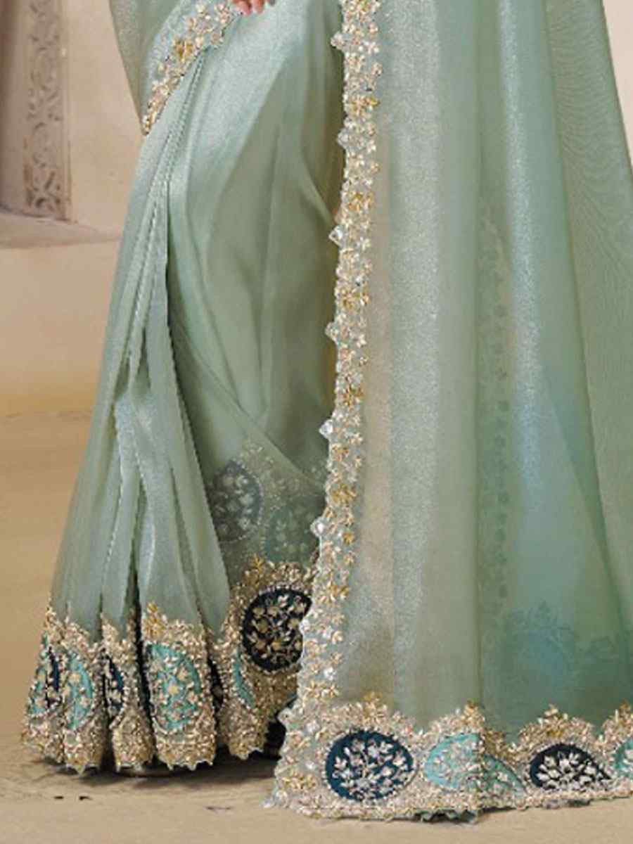 Sky Blue Organza Tissue Silk Natural Satin Silk Embroidery Festival Wedding Fancy Heavy Border Saree
