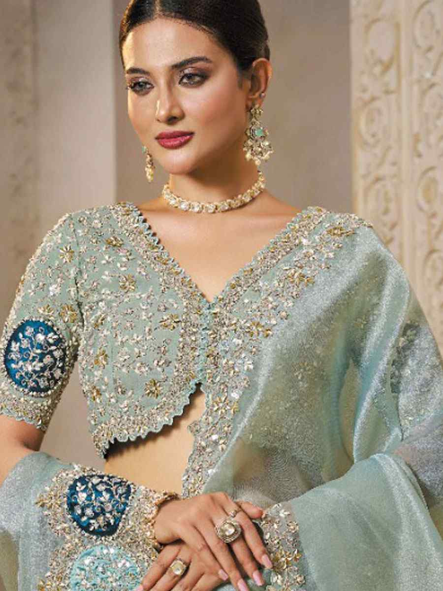 Sky Blue Organza Tissue Silk Natural Satin Silk Embroidery Festival Wedding Fancy Heavy Border Saree
