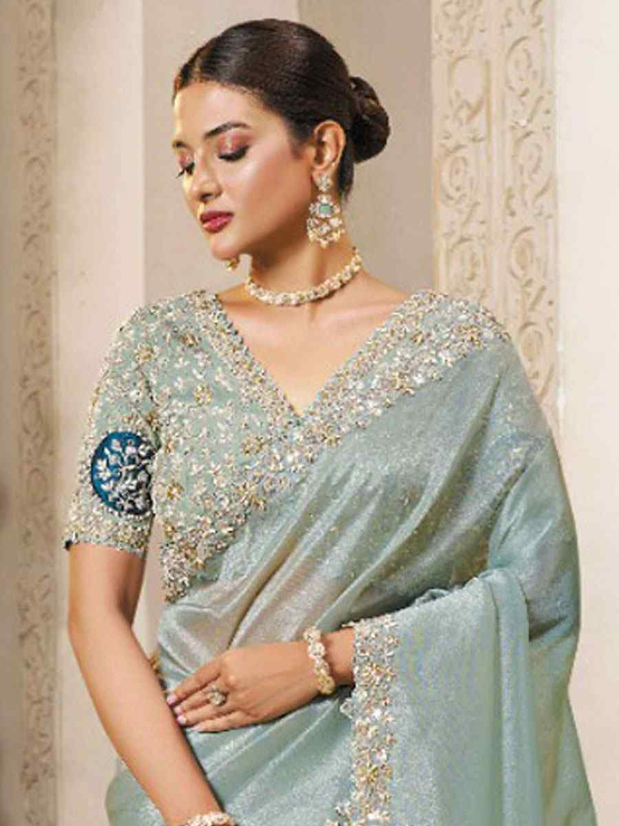 Sky Blue Organza Tissue Silk Natural Satin Silk Embroidery Festival Wedding Fancy Heavy Border Saree
