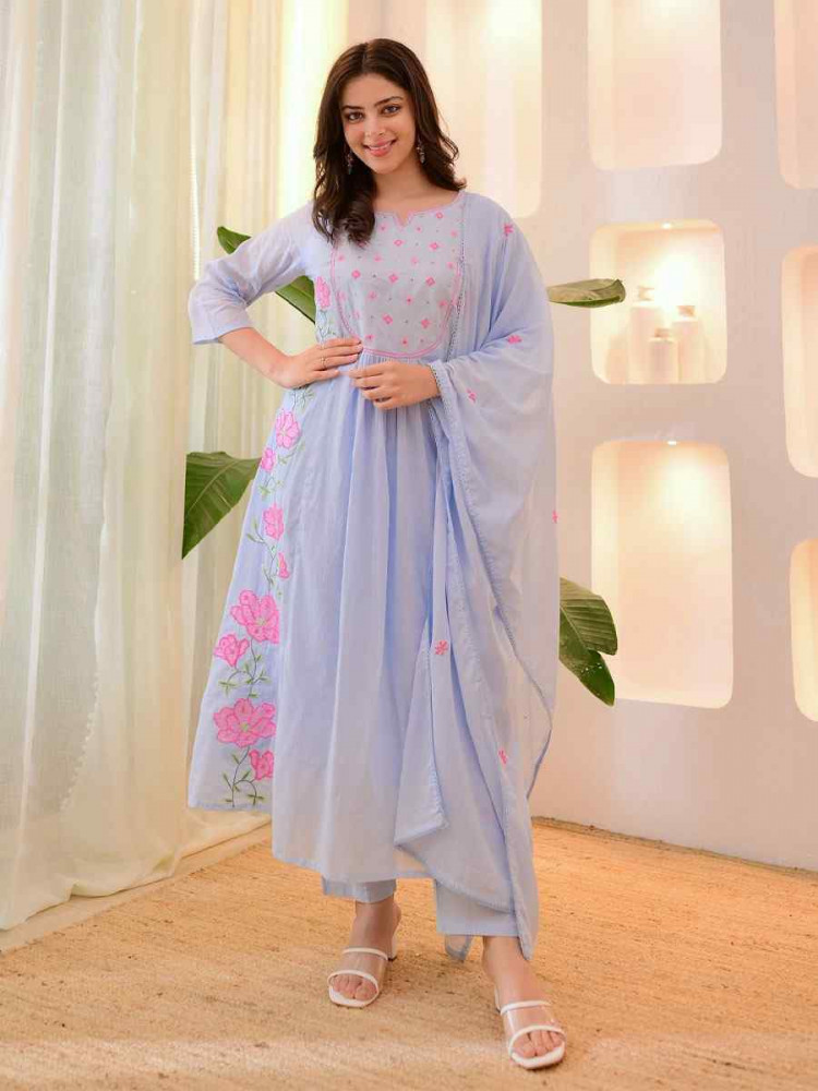 Image of Sky Blue Parampara Silk Embroidery Party Wedding Festival Casual Ready Pant Salwar Kameez