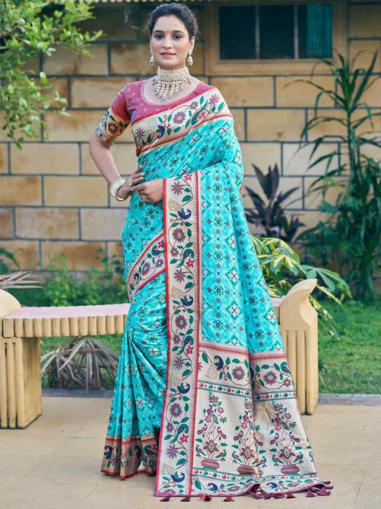 Sky Blue Patola Silk Handwoven Wedding Festival Heavy Border Saree