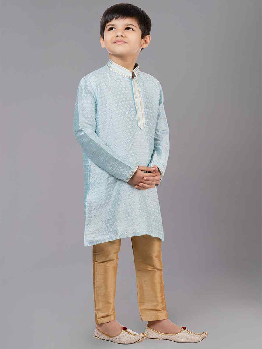 Sky Blue Polyester Cotton Embroidered Festival Traditional Kurta Pyjama Boys Wear