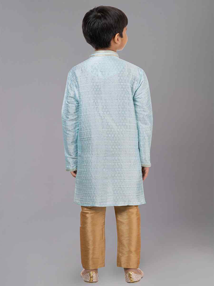 Sky Blue Polyester Cotton Embroidered Festival Traditional Kurta Pyjama Boys Wear