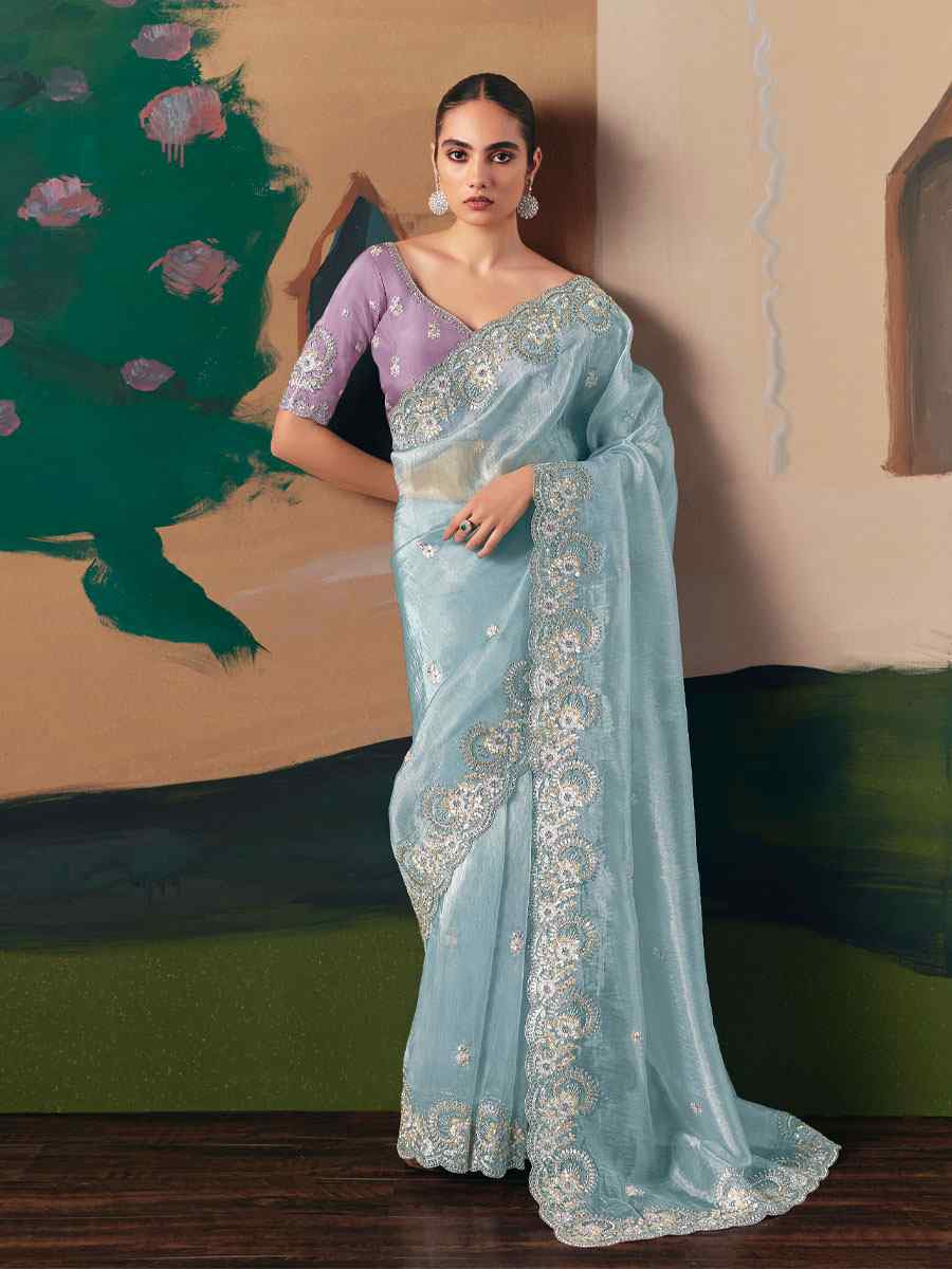Sky Blue Premium Fancy Silk Embroidery Bridal Reception Festival Wedding Fancy Heavy Border Saree