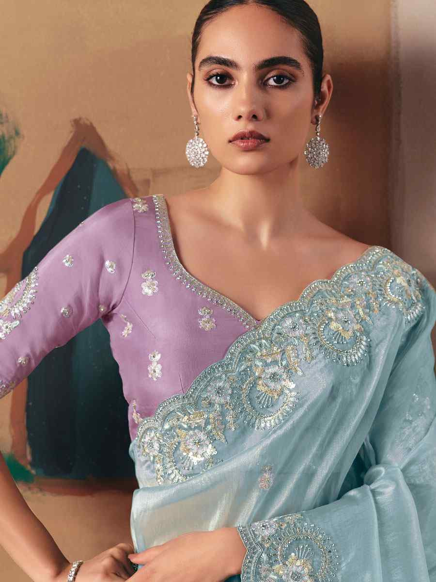 Sky Blue Premium Fancy Silk Embroidery Bridal Reception Festival Wedding Fancy Heavy Border Saree