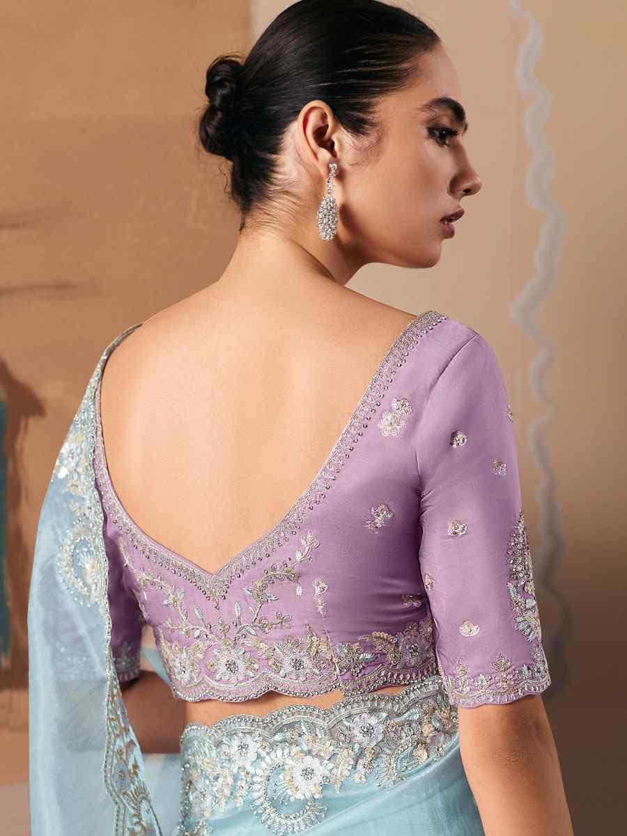 Sky Blue Premium Fancy Silk Embroidery Bridal Reception Festival Wedding Fancy Heavy Border Saree