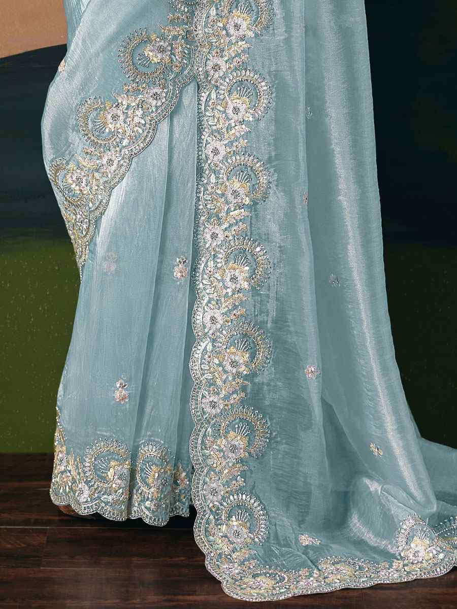 Sky Blue Premium Fancy Silk Embroidery Bridal Reception Festival Wedding Fancy Heavy Border Saree