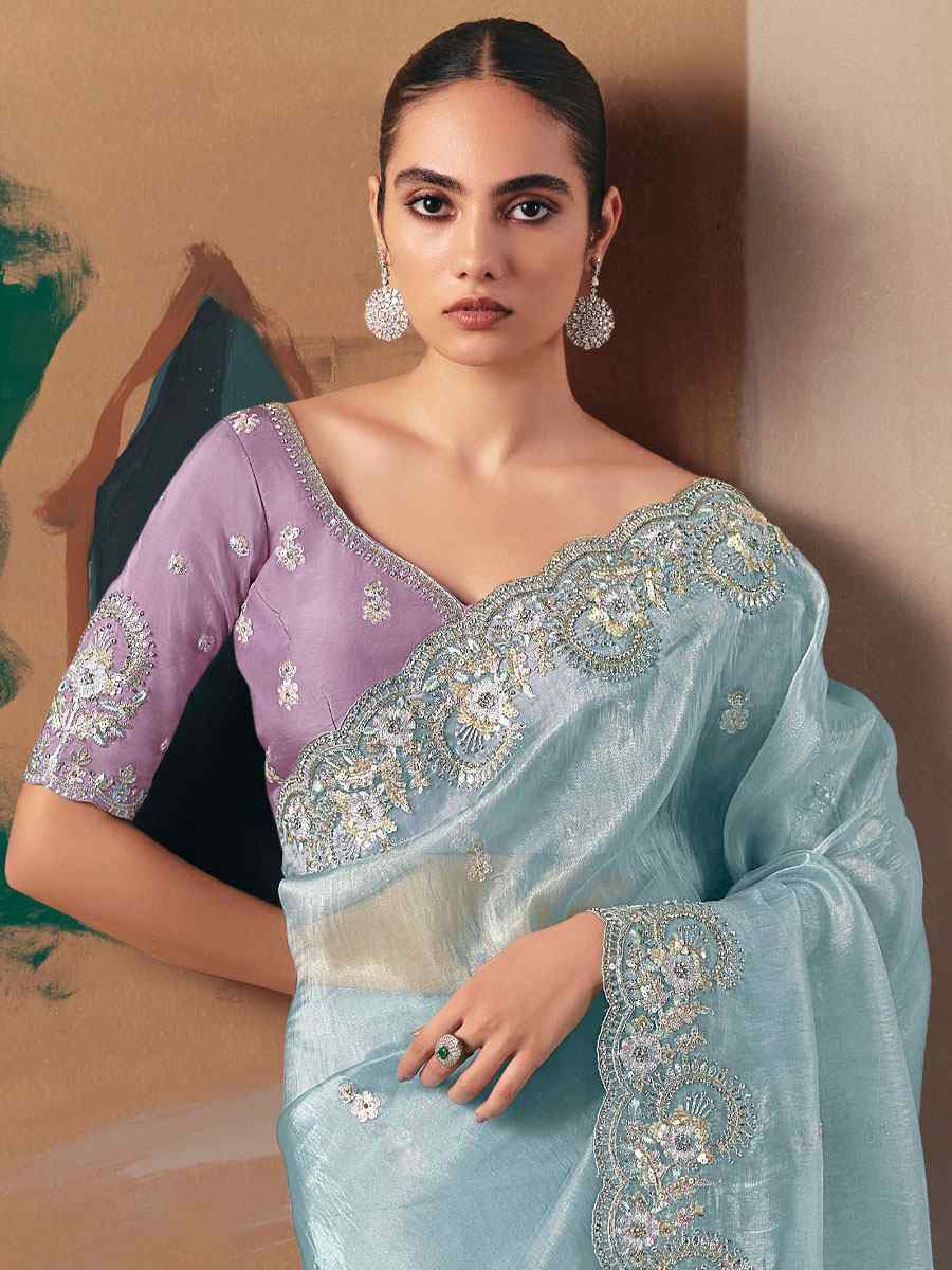 Sky Blue Premium Fancy Silk Embroidery Bridal Reception Festival Wedding Fancy Heavy Border Saree