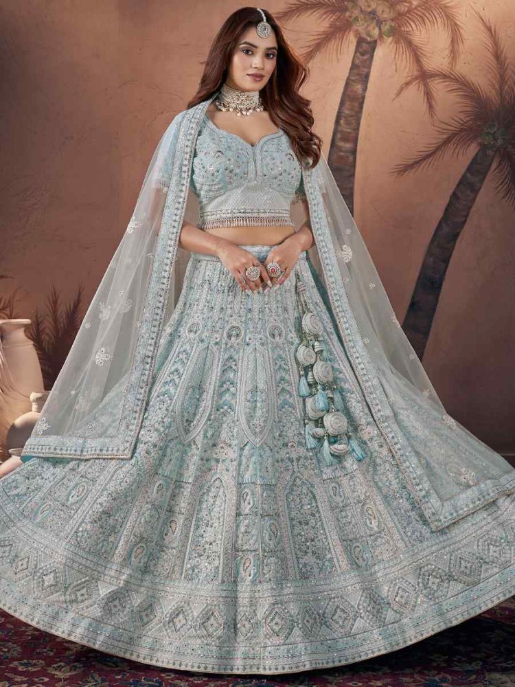 Sky Blue Premium Georgette Embroidered Bridal Wedding Heavy Border Lehenga Choli