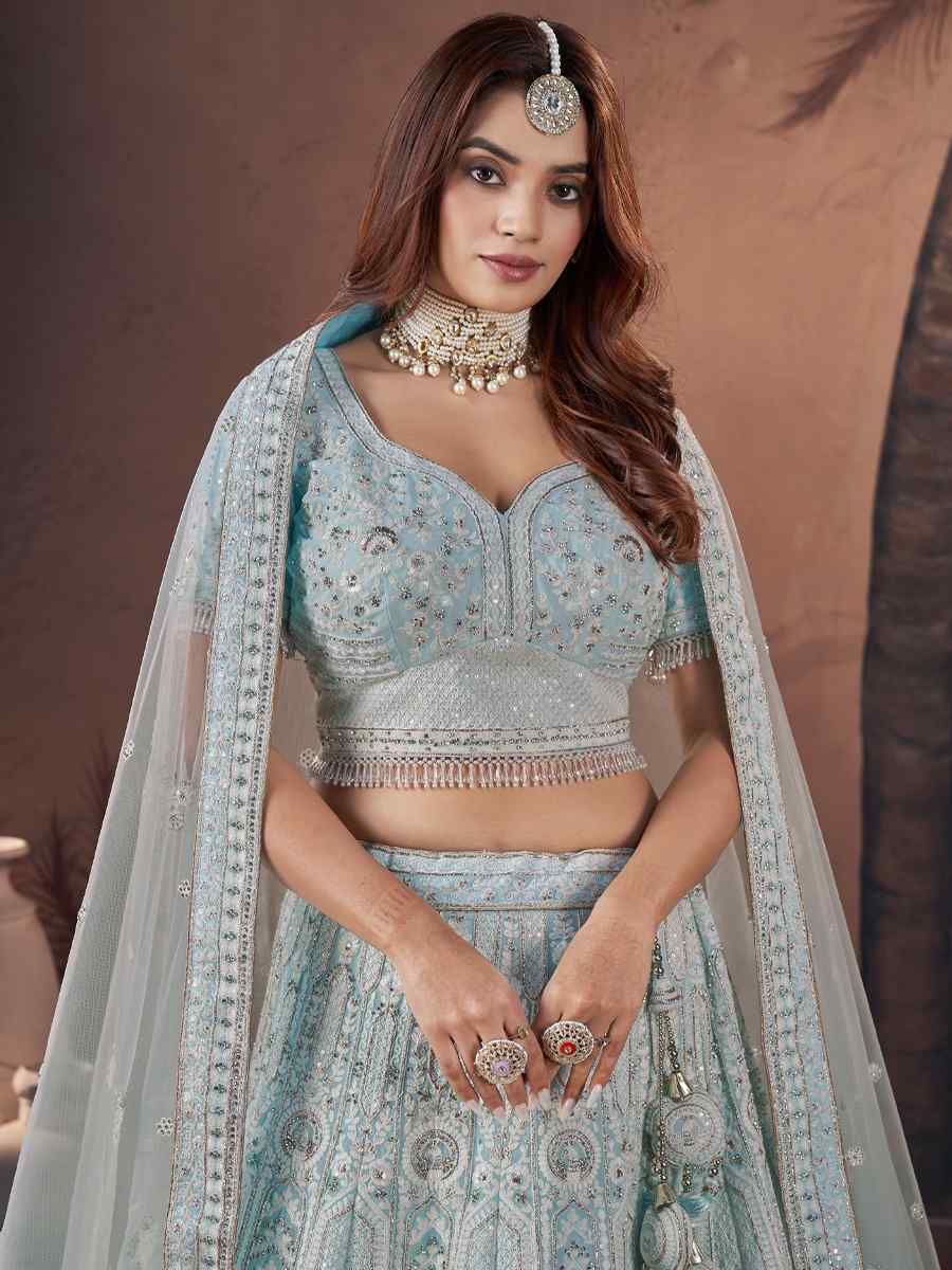 Sky Blue Premium Georgette Embroidered Bridal Wedding Heavy Border Lehenga Choli