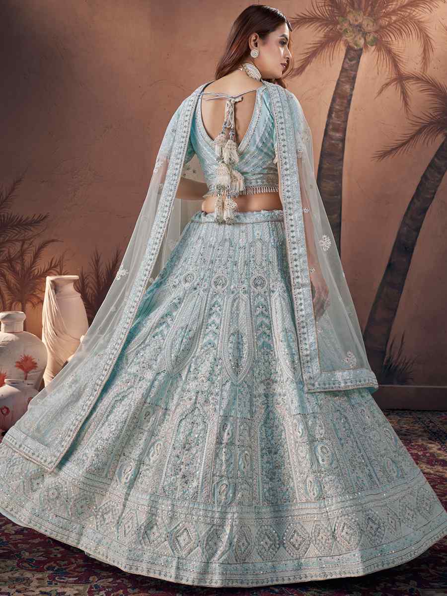 Sky Blue Premium Georgette Embroidered Bridal Wedding Heavy Border Lehenga Choli