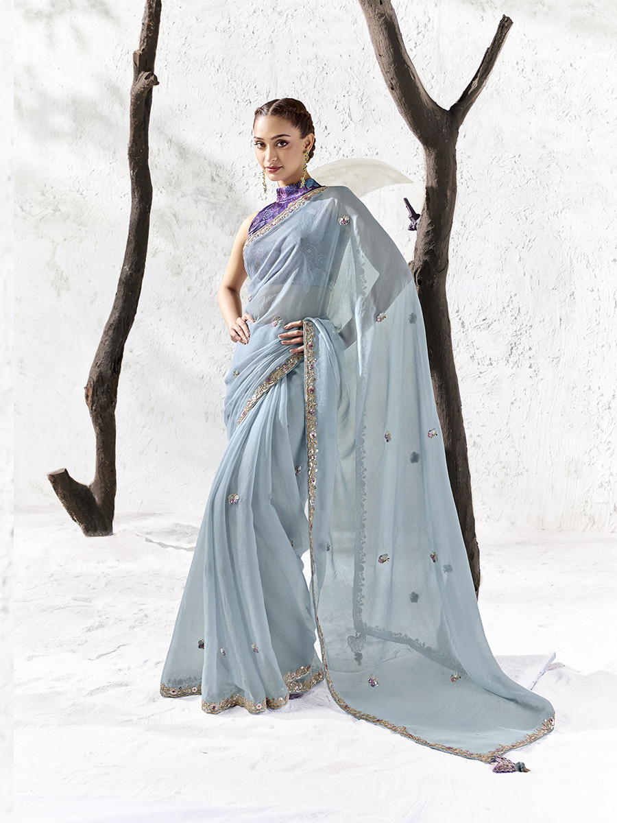 Sky Blue Premium Luxe Silk Organza Embroidery Sequins Wedding Reception Party Festival Casual Heavy Border Sarees