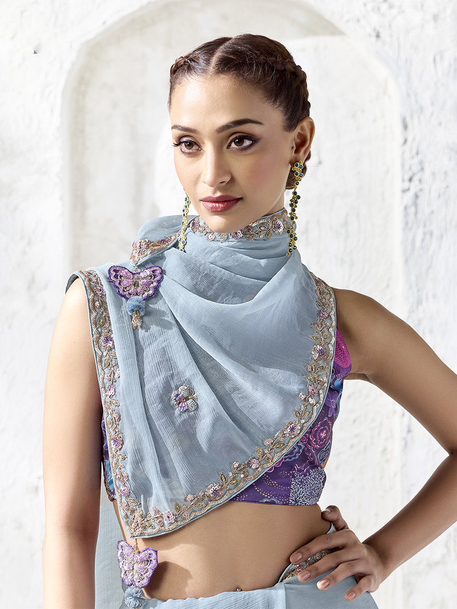 Sky Blue Premium Luxe Silk Organza Embroidery Sequins Wedding Reception Party Festival Casual Heavy Border Sarees