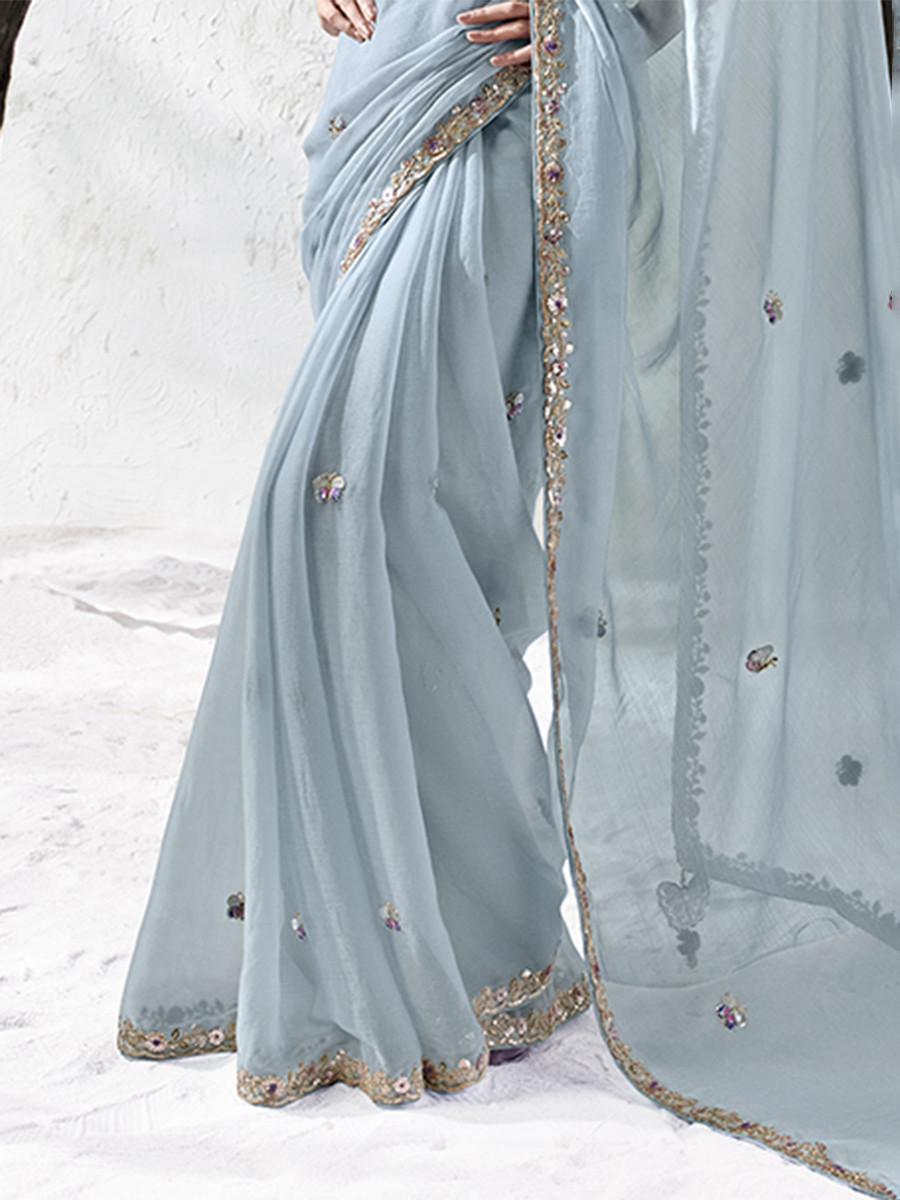 Sky Blue Premium Luxe Silk Organza Embroidery Sequins Wedding Reception Party Festival Casual Heavy Border Sarees