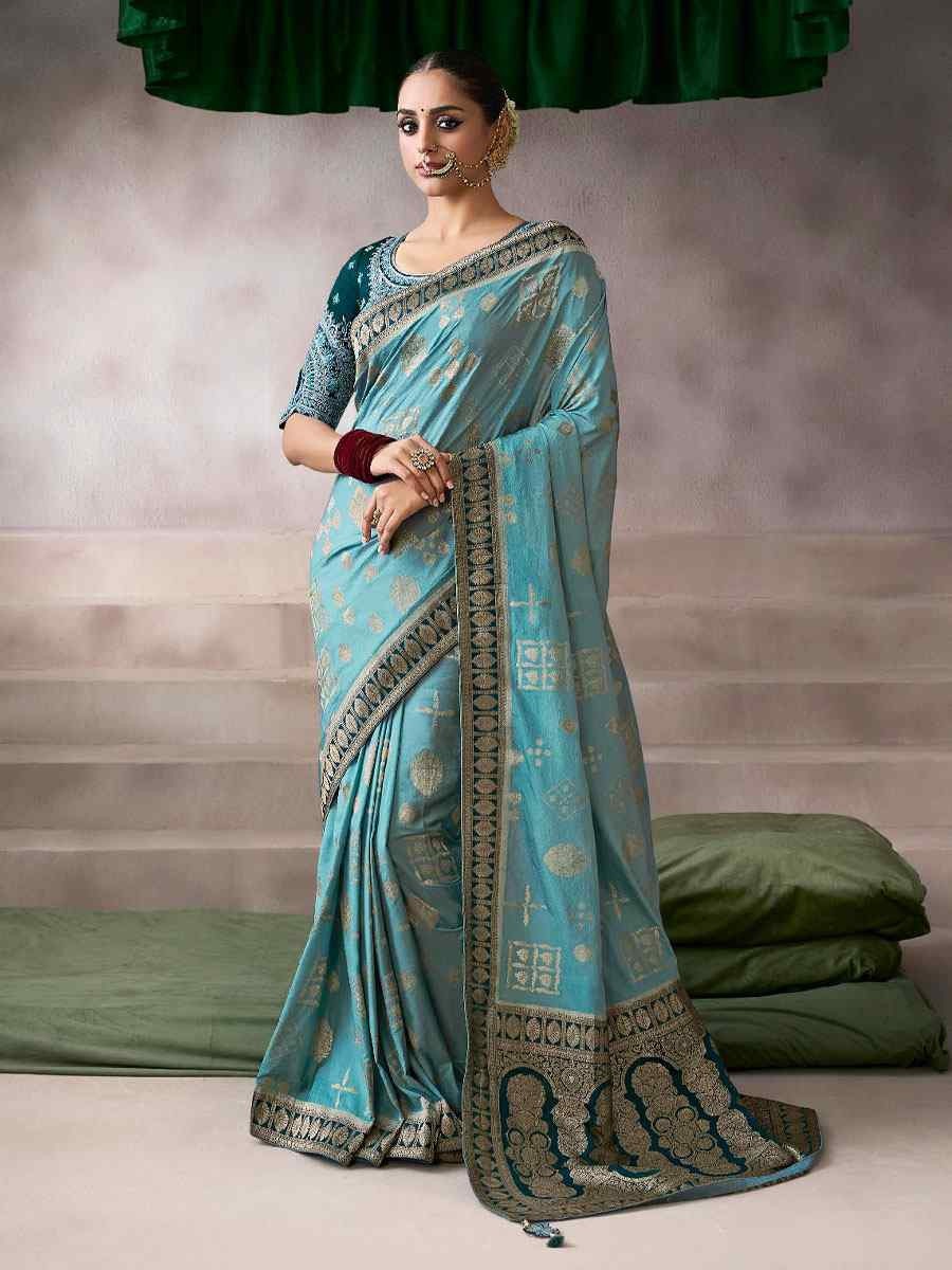 Sky Blue Premium Pure Crepe Zari Handwoven Embroidery Bridal Reception Festival Wedding Fancy Heavy Border Sarees