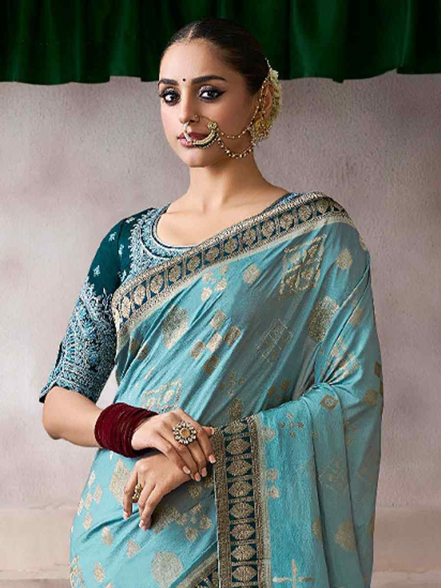 Sky Blue Premium Pure Crepe Zari Handwoven Embroidery Bridal Reception Festival Wedding Fancy Heavy Border Sarees