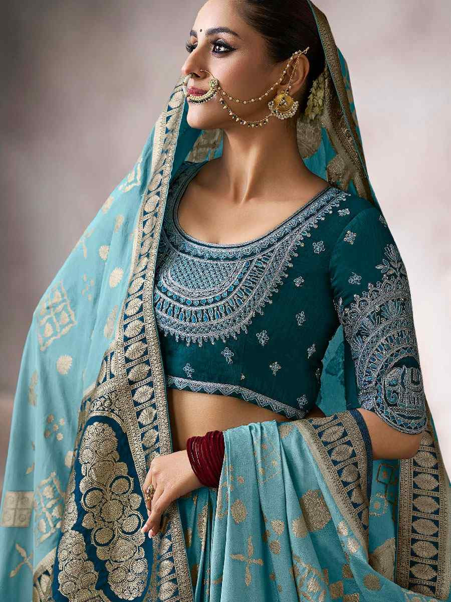 Sky Blue Premium Pure Crepe Zari Handwoven Embroidery Bridal Reception Festival Wedding Fancy Heavy Border Sarees