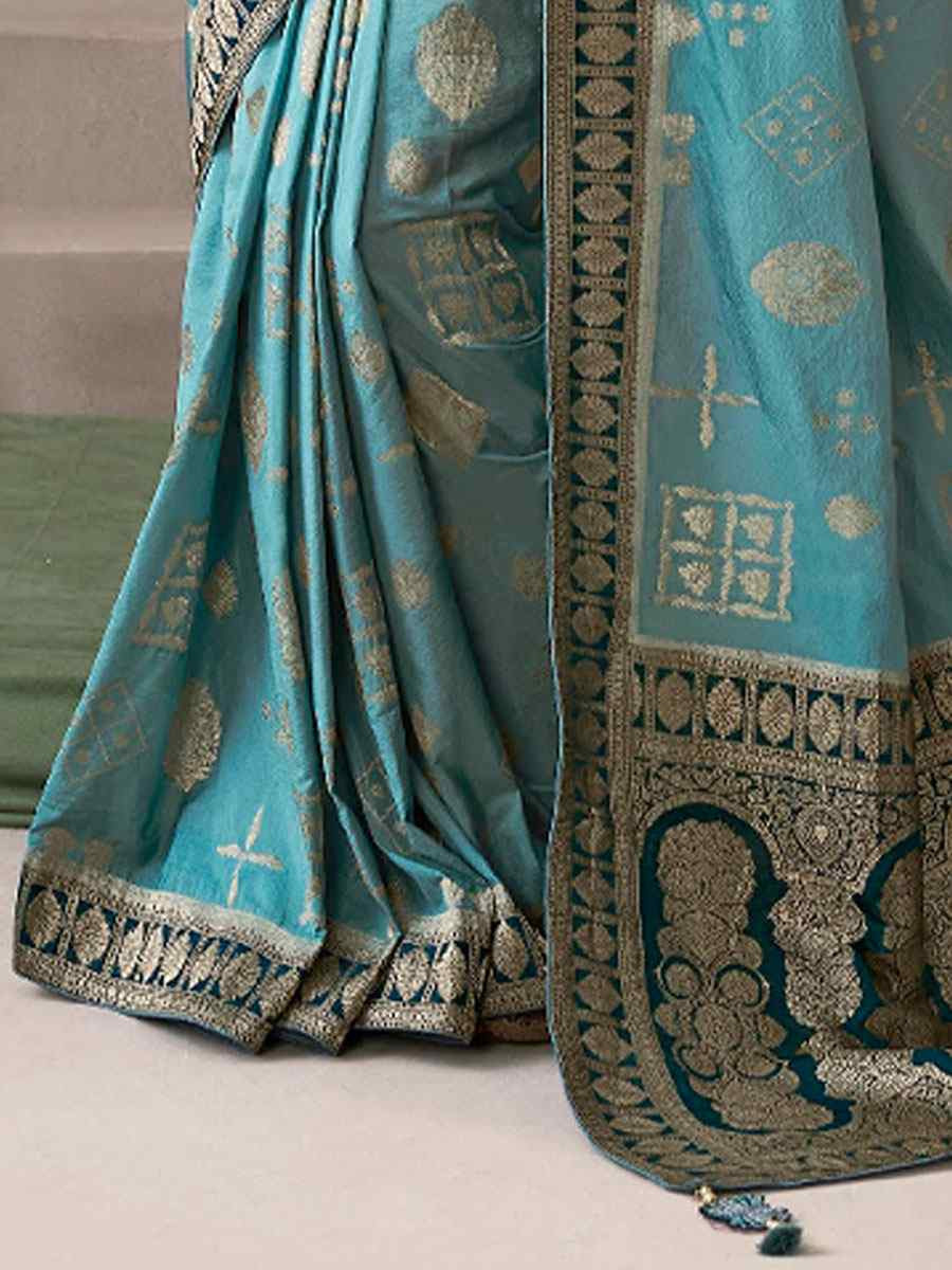 Sky Blue Premium Pure Crepe Zari Handwoven Embroidery Bridal Reception Festival Wedding Fancy Heavy Border Sarees