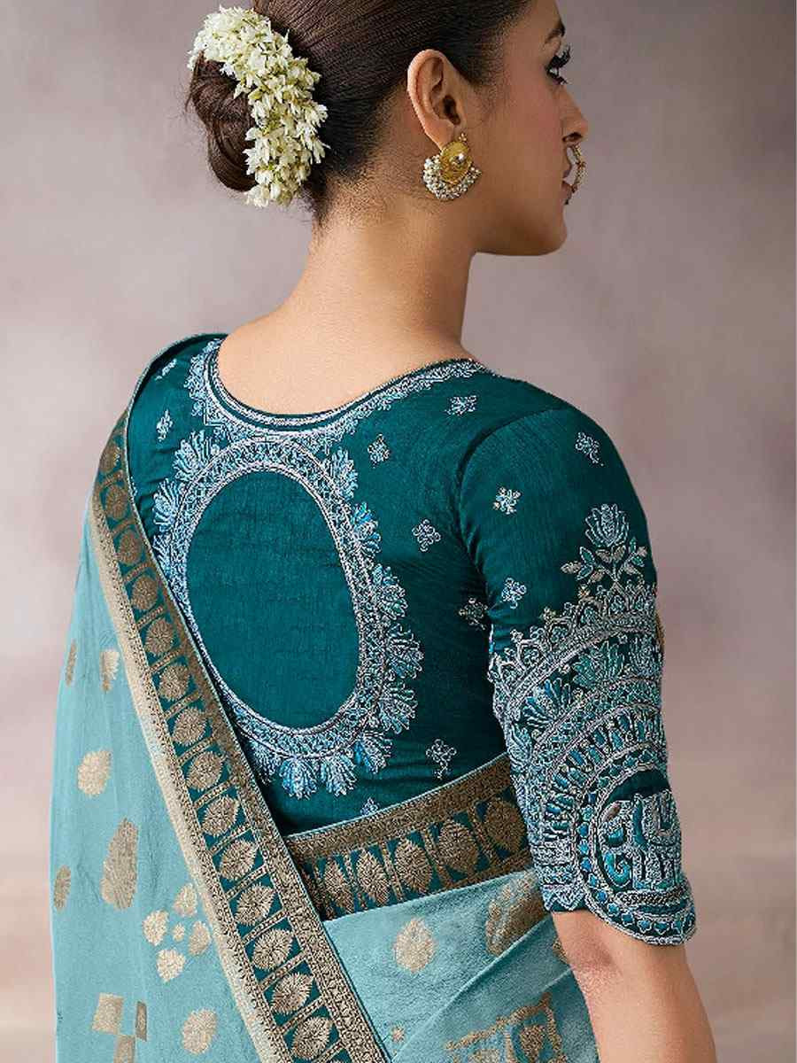 Sky Blue Premium Pure Crepe Zari Handwoven Embroidery Bridal Reception Festival Wedding Fancy Heavy Border Sarees