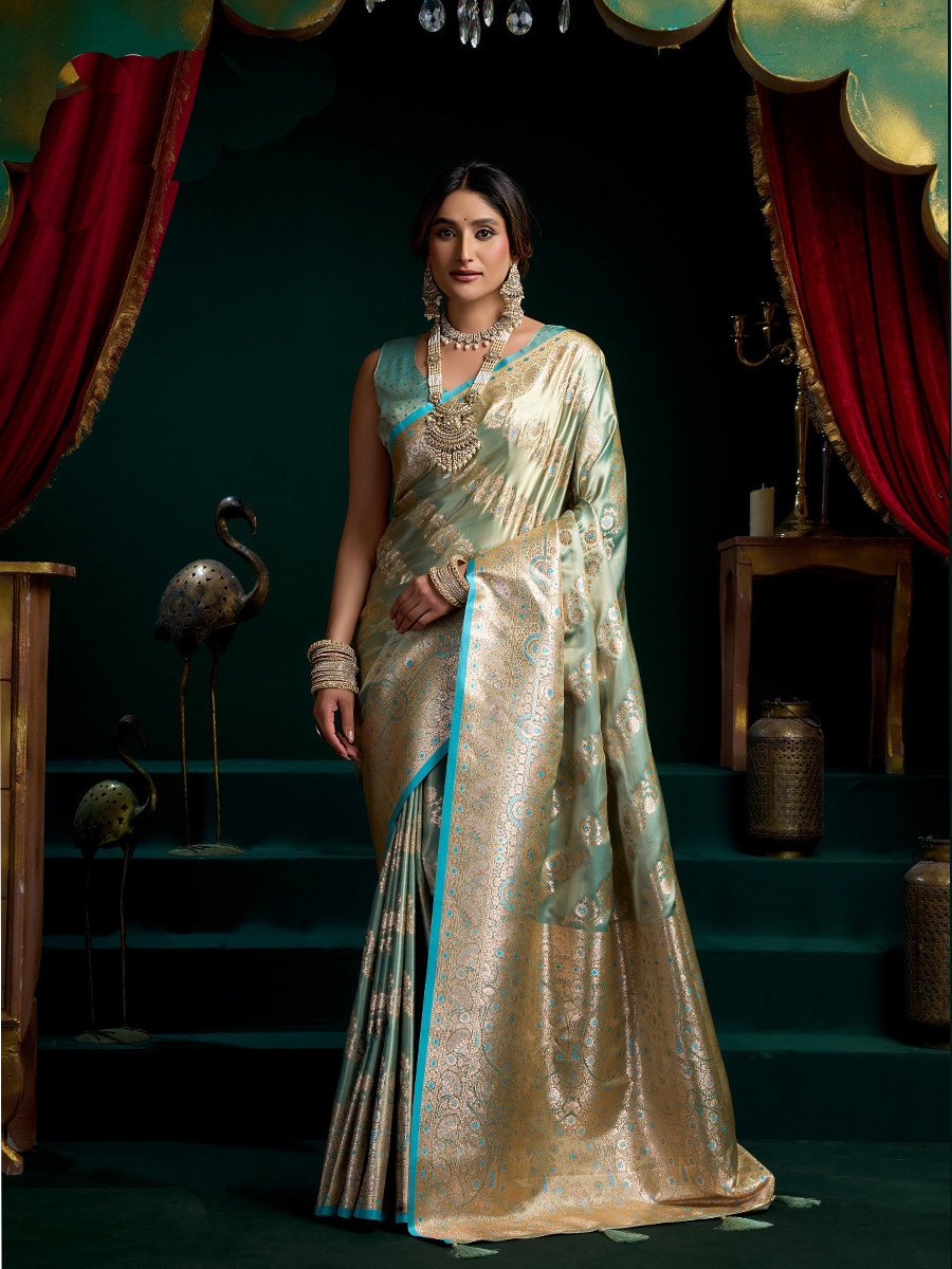 Sky Blue Premium Satin Silk Brocade Zari Traditional Wedding Party Festival Heavy Border Sarees