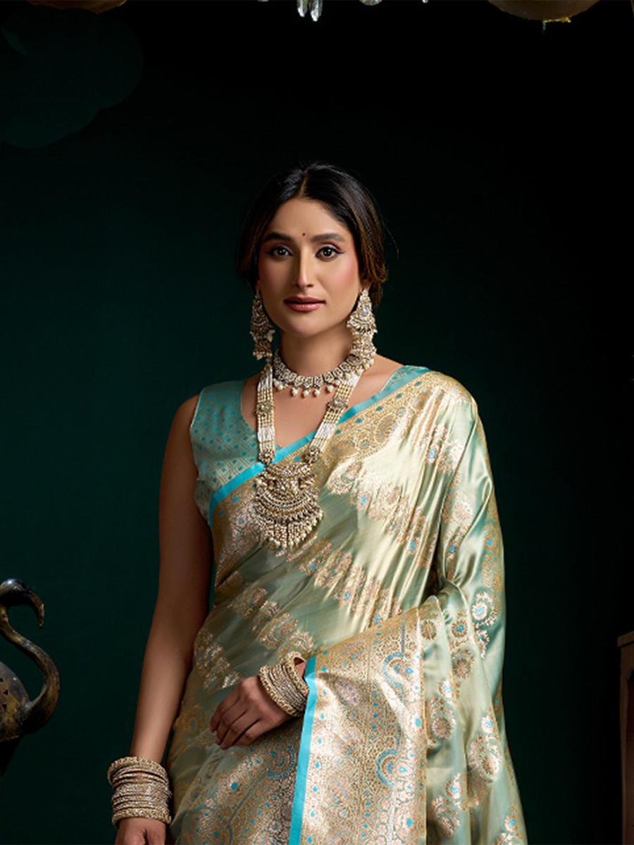 Sky Blue Premium Satin Silk Brocade Zari Traditional Wedding Party Festival Heavy Border Sarees