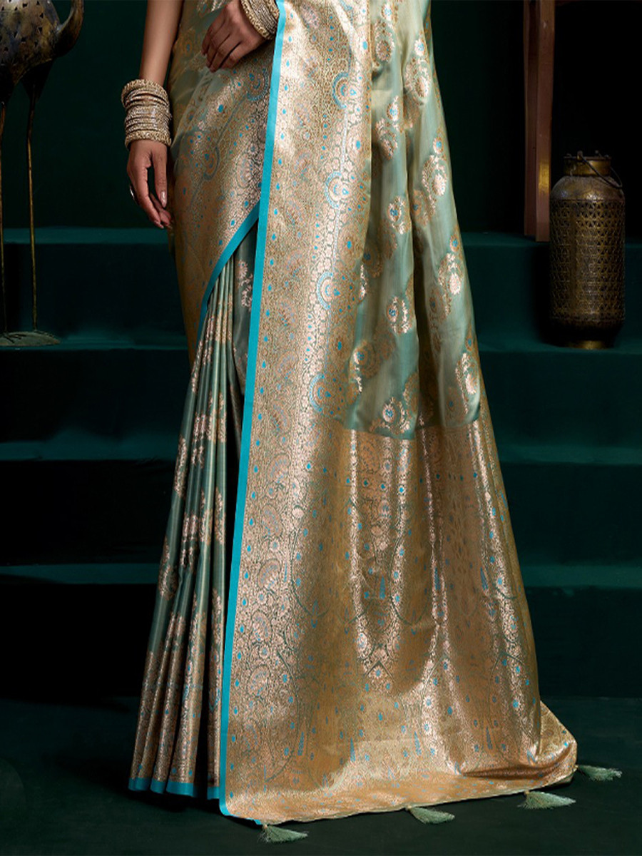 Sky Blue Premium Satin Silk Brocade Zari Traditional Wedding Party Festival Heavy Border Sarees