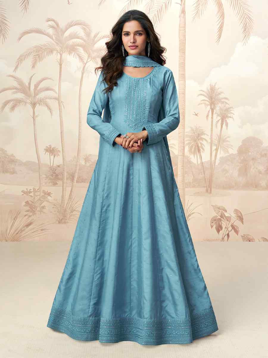 Sky Blue Premium Silk Embroidered Festival Casual Gown